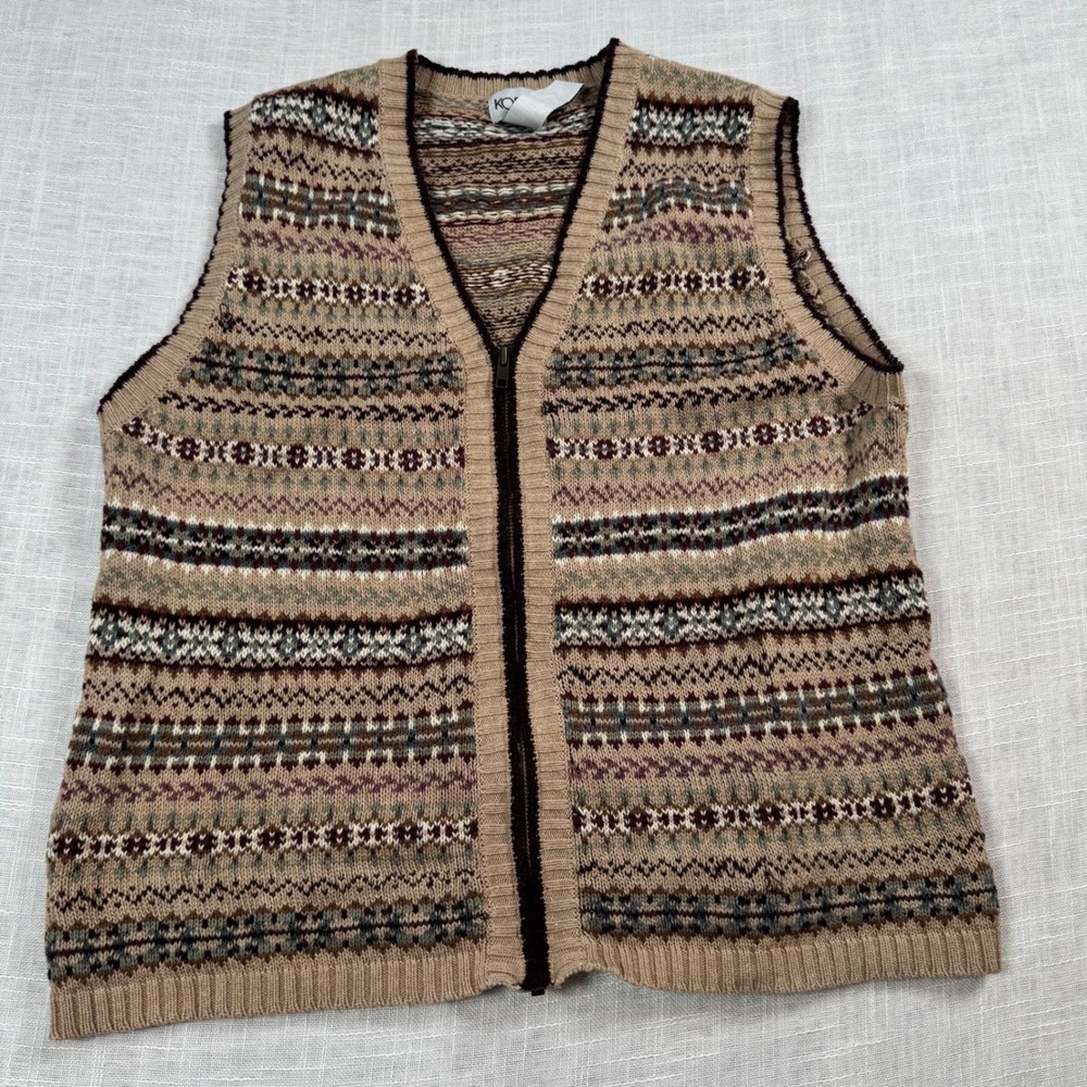 VTG Fair Isle Knit Vest Women M Zip Brown Eclectic Grandpa Academia Retro Scandi